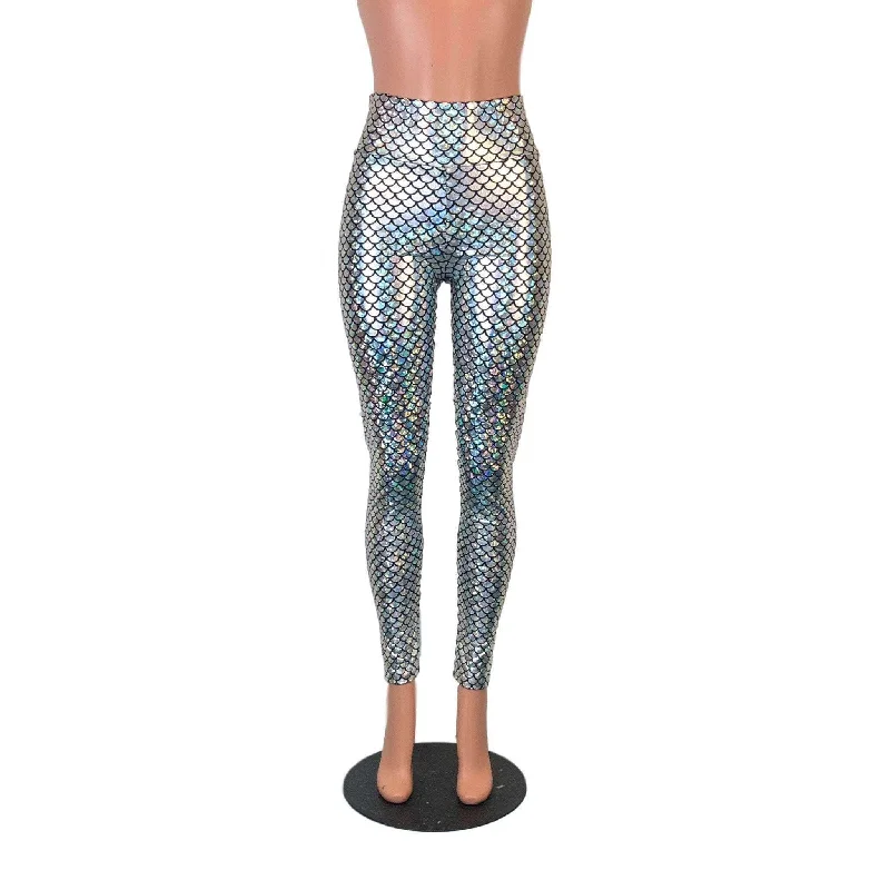 Final Clearance Silver Mermaid Scale Holographic High Waisted Leggings Pants