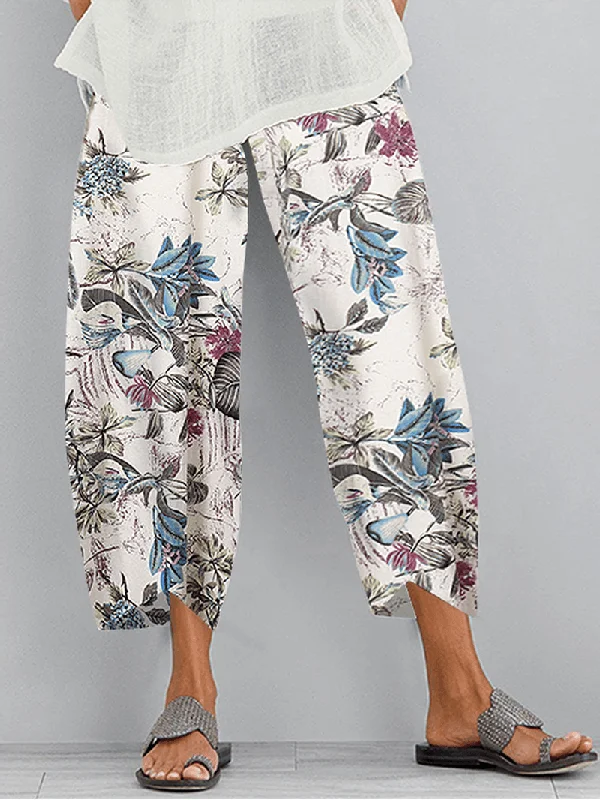 Weekend Specials to Celebrate Retro Floral Print Elastic Waist Irregular Hem Pocket Casual Pants for Women Weekend Specials to Celebrate Retro Floral Print Elastic Waist Irregular Hem Pocket Casual Pants for Women