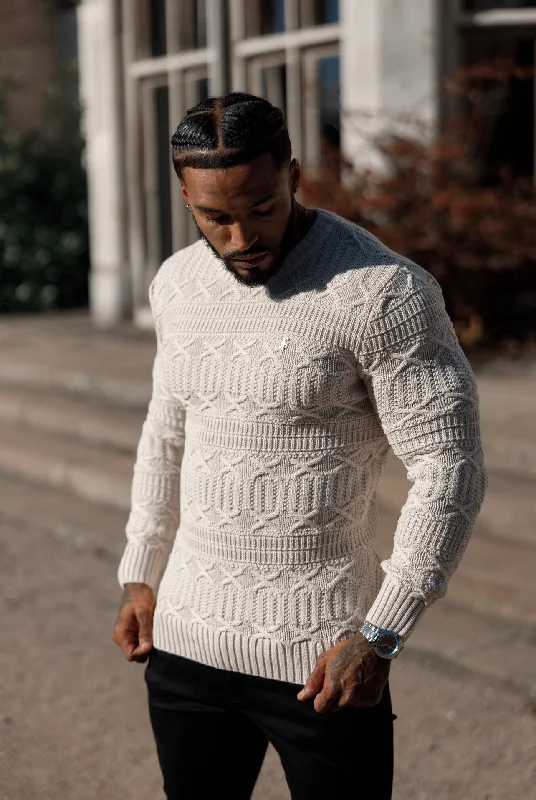Best Choice Father Sons Oatmeal Knitted Cable Link Crew Super Slim Jumper With Metal Decal - FSN071 Best Choice Father Sons Oatmeal Knitted Cable Link Crew Super Slim Jumper With Metal Decal - FSN071