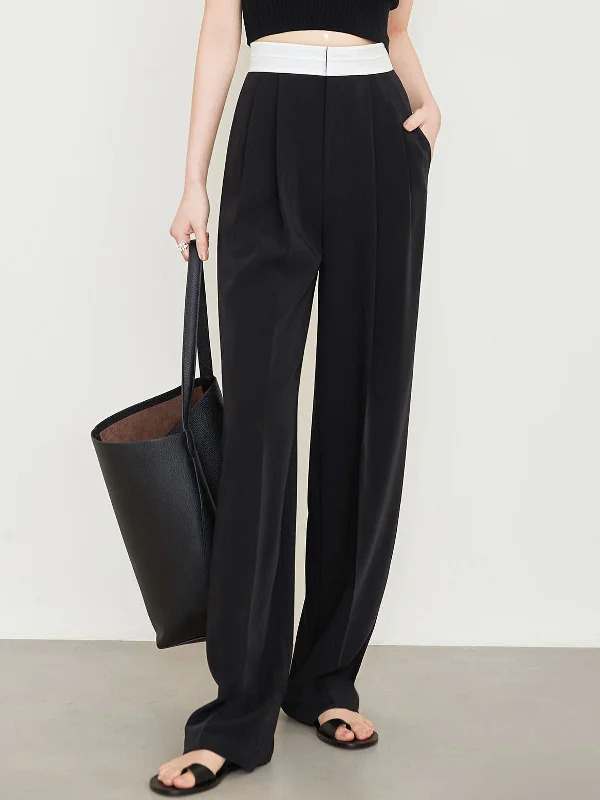 The Best Prices Contrast Waistband Pleated Full Modern Length Wide Leg Pants