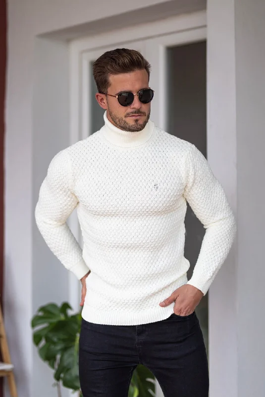 Unbeatable Prices Father Sons Cream Knitted Roll Neck Weave Super Slim Jumper With Metal Decal - FSJ026