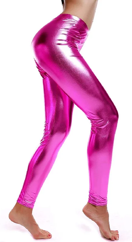 Super Deal Metallic Leggings Stretchy Pants Neon Fluro Shiny Glossy Dress Up Dance Party - Hot Pink