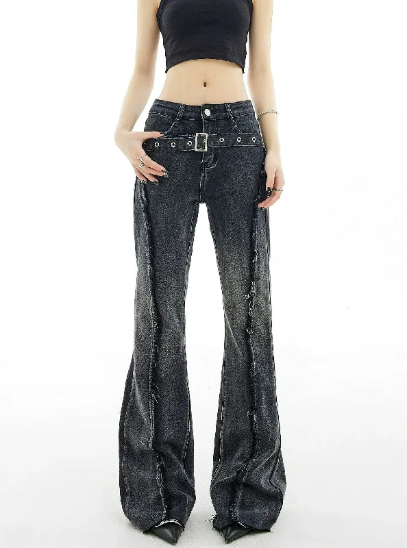 Closeout Deal Distressed Stitch Flare Denim Jeans with Metallic Detail Belt