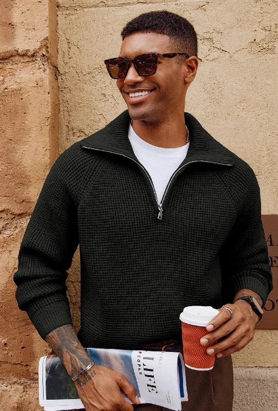 Value Deals Men Waffle Textured Sweater Long Raglan Sleeve Lapel Collar Pullover