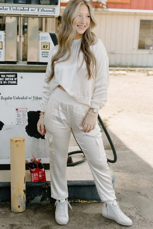 Weekend Deals That Sizzle Cream Satin Set Jogger Pants