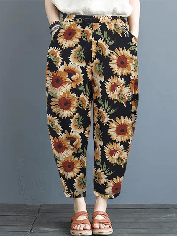Weekend Bargains to Sizzle Women Sunflower Daisy Floral Print Cotton Casual Pants with Side Pockets