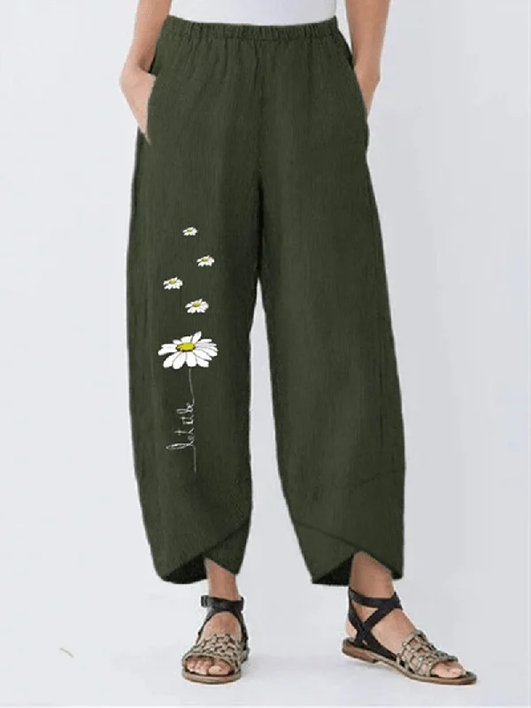 Quick Sale Women Flower Print Cotton Elastic Waist Casual Loose Pants