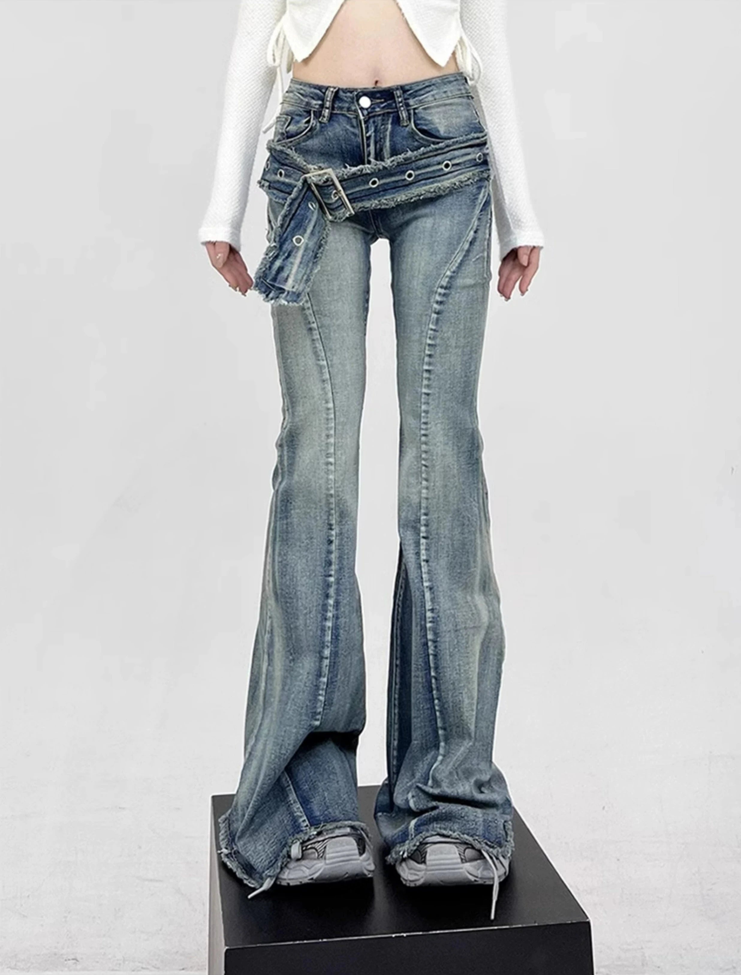 Overstock Clearance Layered-Effect Denim Flare-Leg Jeans with Grommet Belt Detail