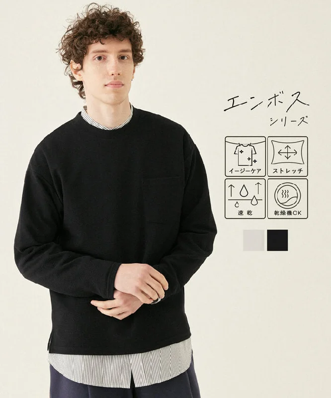 Weekend Bargains to Grab Tシャツ メンズ エンボス カットソー ロングTシャツ ポケット 丸首 スリット イージーケア ミドル丈 伸縮性 無地 メール便不可 24ss coca コカ