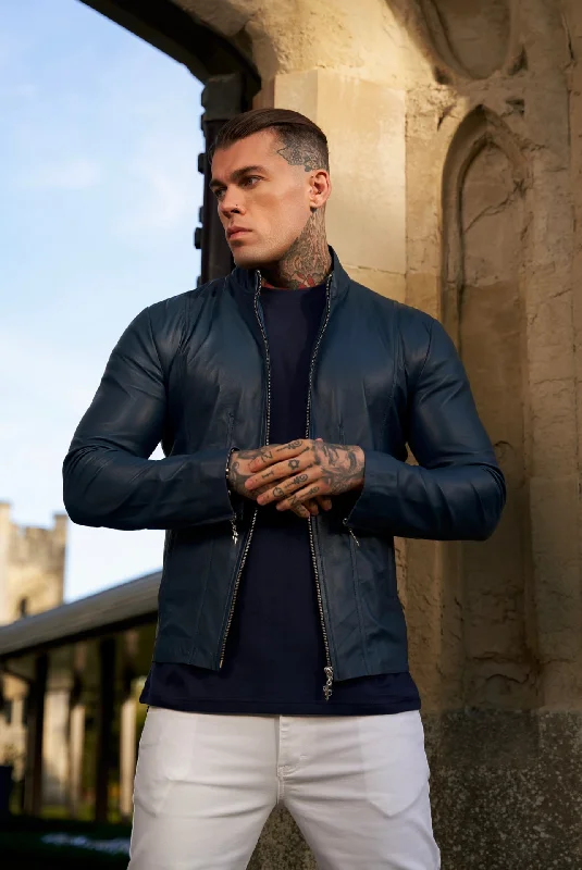 Amazing Value Father Sons Navy Lambs Leather Jacket with Silver Zips - FSH790