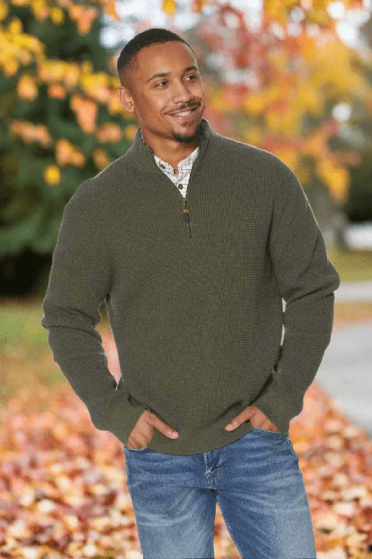 Great Deal Green Mockneck Quarter Zip Cotton Mens Knit Sweater