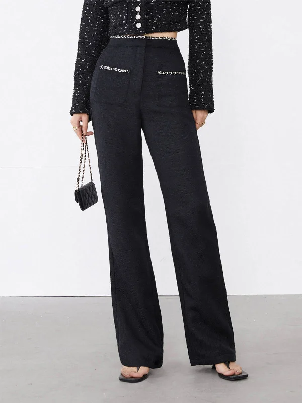 Weekend Savings Delight Tweed Contrast Trim Trendy Pocket Straight Leg Pants