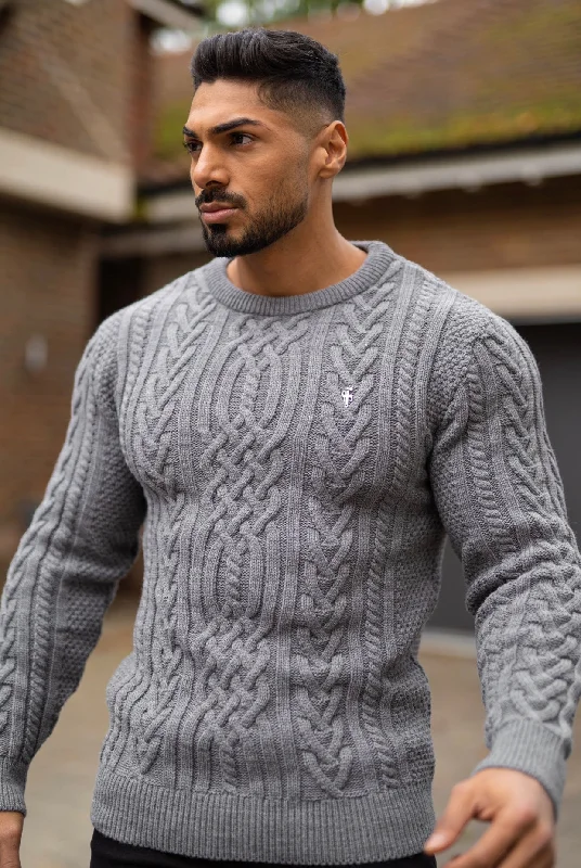 Crazy Savings Father Sons Grey Twisted Braid Weave Super Slim Jumper With Silver Decal - FSJ035 Crazy Savings Father Sons Grey Twisted Braid Weave Super Slim Jumper With Silver Decal - FSJ035