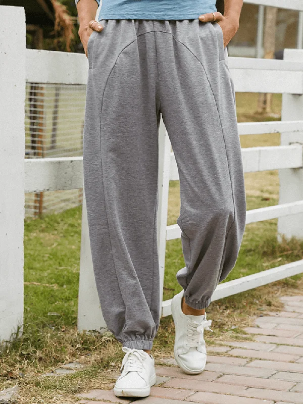 Reduced Price Women Solid Color Elastic Waist Casual Cuffed Sweatpants with Pocket
