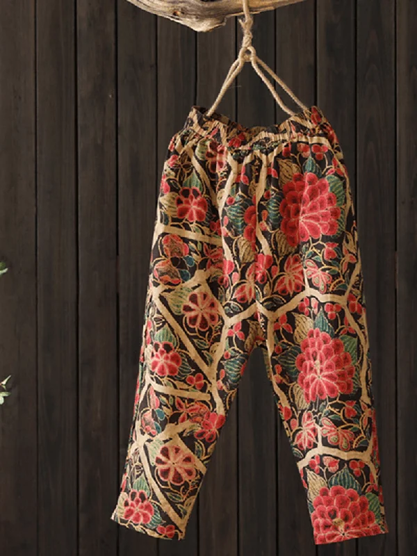 Weekend Deals That Wow Women Floral Print Elastic Waist Side Pockets Trousers Pants