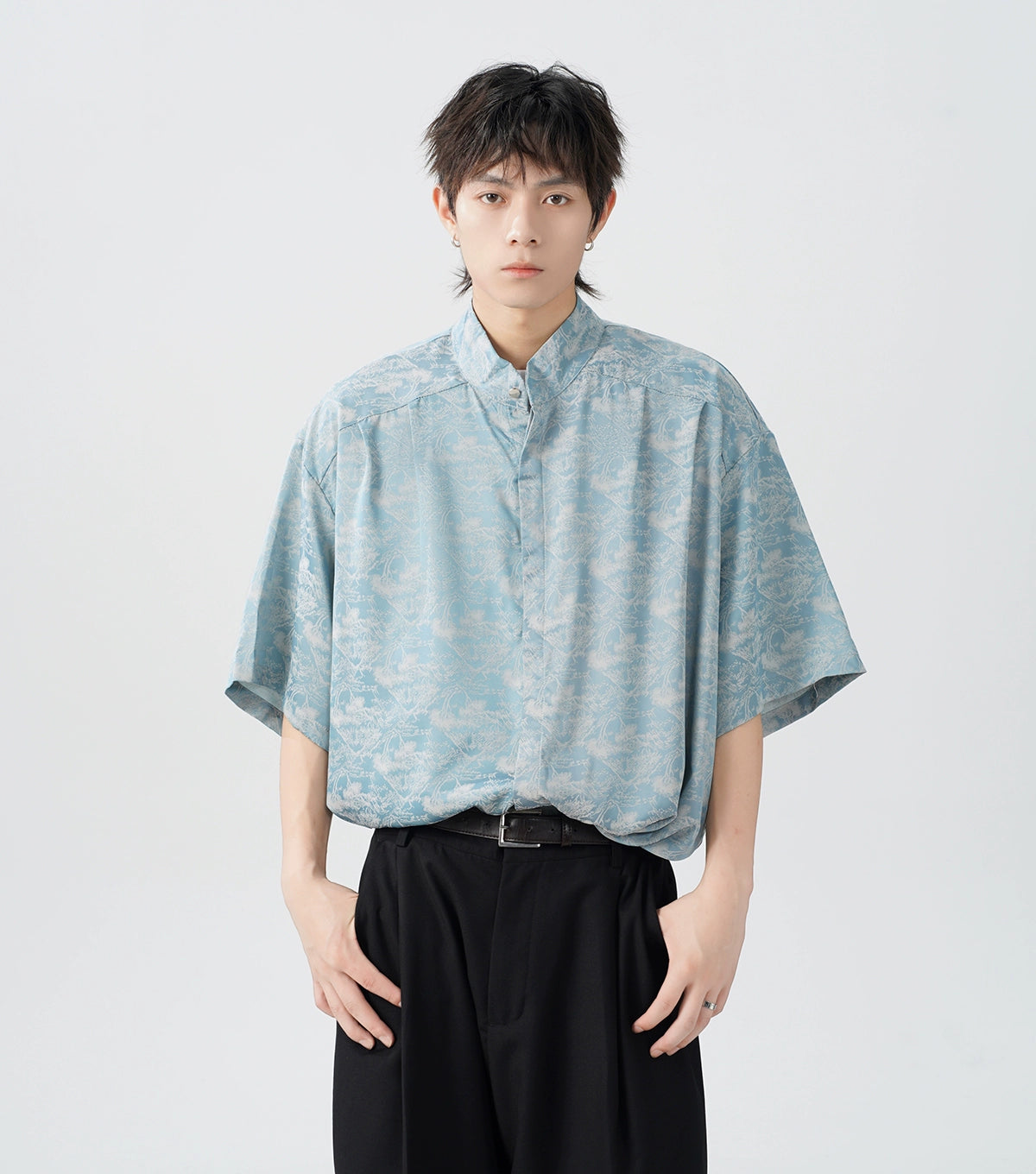 Final Clearance Oversized Tree Print Satin Button-Up Shirt