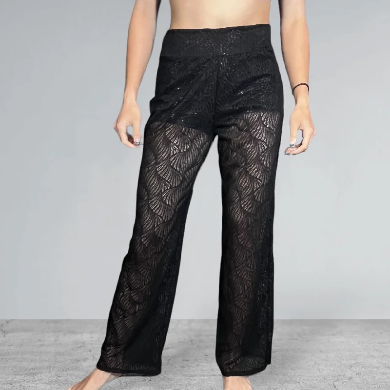 Weekend Wonders Await! Black Beach Wave Mesh Wide Straight Wide Leg Relaxed Fit Pants