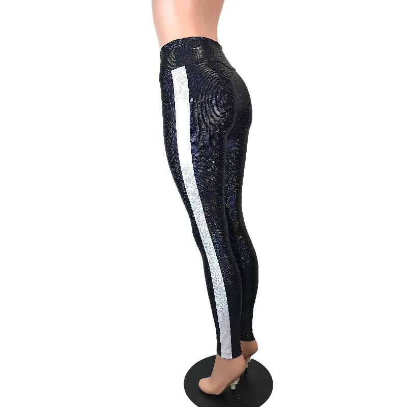 Weekend Offers That Shine Black w/ Silver Stripe Shattered Glass Holographic Leggings Pants