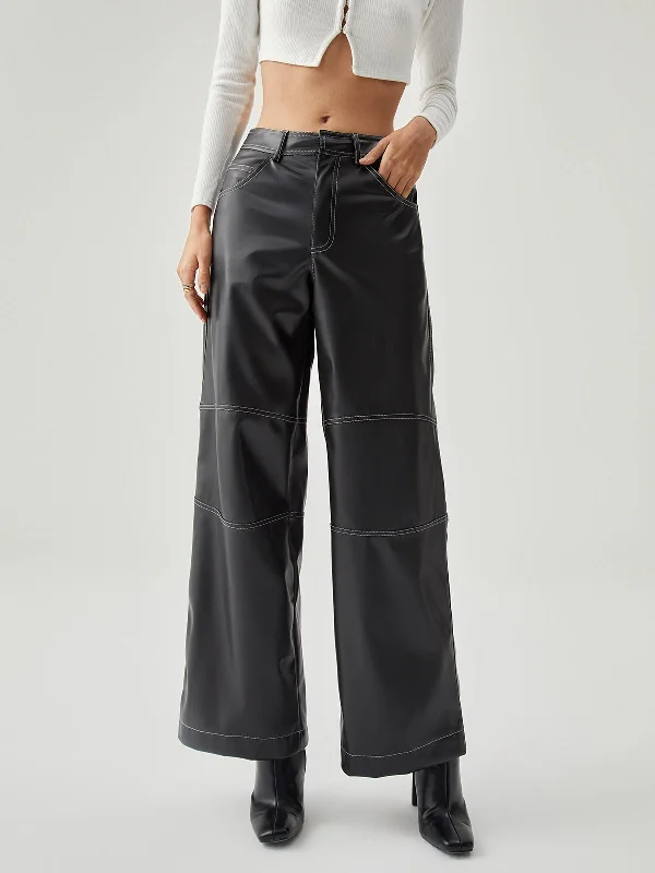 Deal of the Day Contrast Stitch Leather Trendy Wide Leg Pants