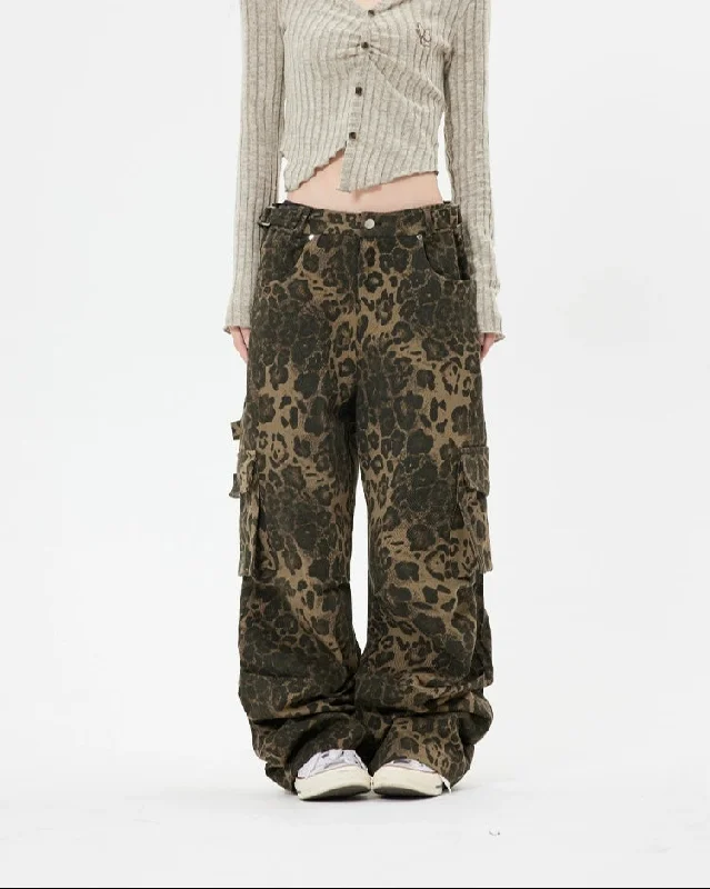Overstock Clearance Leopard Print Cargo Pocket Wide Leg Pants