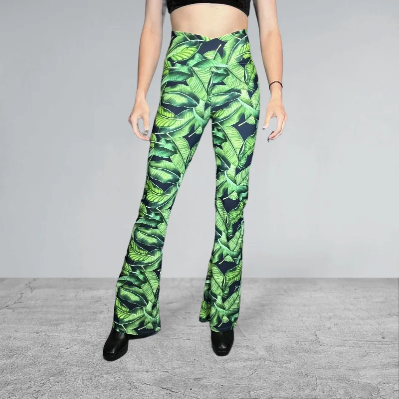 Half Price Crossover Waist Bootcut Flare Pants *Tropical Leaf Print* - High V-Waist Flare Pants - Rave Clothing, Festival Pants, Yoga