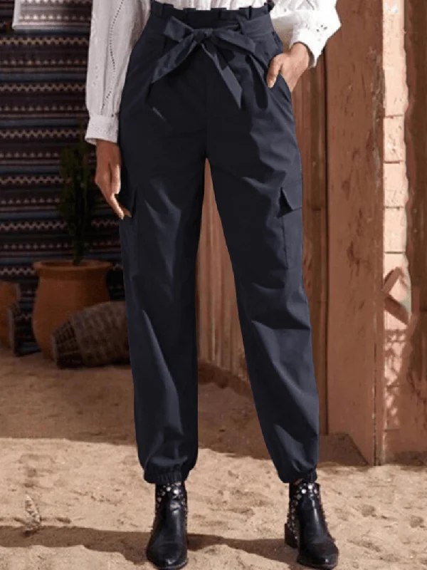 Weekend Specials to Indulge In Women Solid Color Pleated Waist Lace-Up Cargo Harem Pants with Pockets