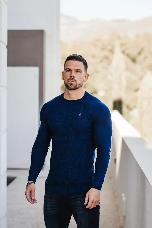 One-DAY Sale Father Sons Navy Knitted Honeycomb Raglan Crew Super Slim Jumper With Metal Decal - FSN060 One-DAY Sale Father Sons Navy Knitted Honeycomb Raglan Crew Super Slim Jumper With Metal Decal - FSN060