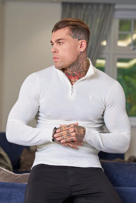 Savings Galore Father Sons Classic White Merino Wool Knitted Funnel Neck Zip Long Sleeve Jumper With FS Embroidery- FSN021