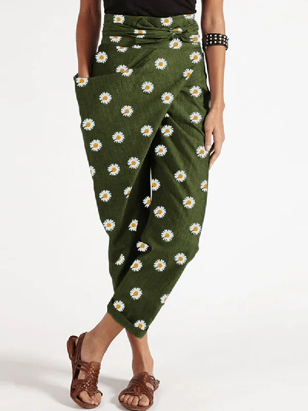 Super Sale Daisy Floral Print Belted Loose Irregular Zipper Pocket Harem Pants for Women