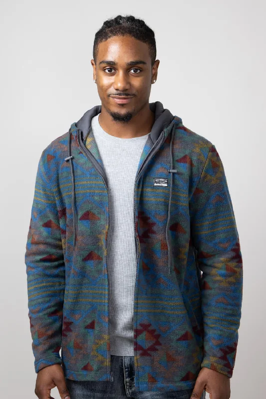 New Deals Geo Print Full Zip Hooded Polar Fleece for Men in Raven Multi | FJ36 MP853-BLUEMULTI