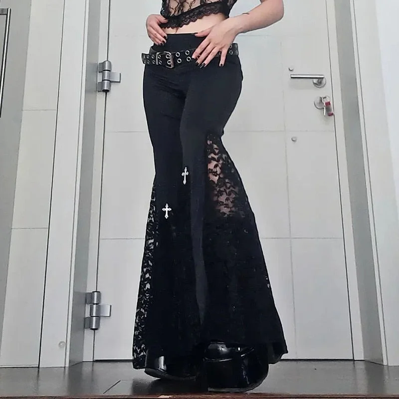 Extra Savings CityHottie - Goth Mall Flare Pants Sexy Black Lace Patchwork High Waist Vintage Harajuku Hippie Punk Grunge Streetwear  Y2k Pants