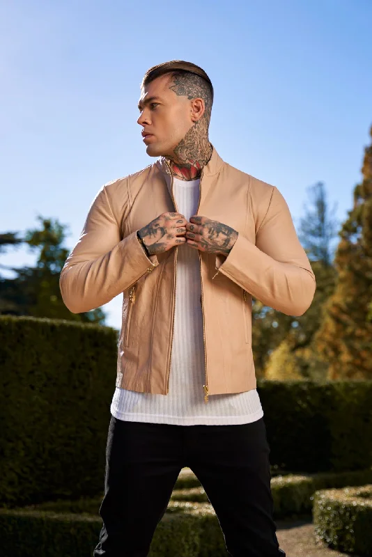 Value Deals Father Sons Cream Lambs Leather Jacket with Gold Zips - FSH792