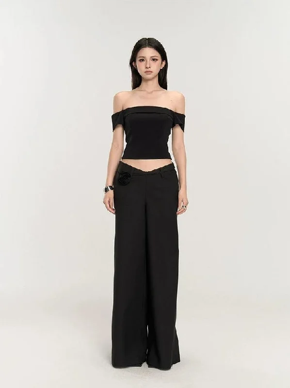 Weekend Discounts to Enjoy Wide-Leg Low Waist V-Shape Trousers with Floral Accent