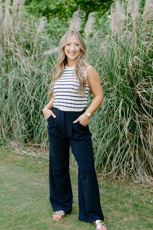Don't Delay Navy Pleated High Waisted Trousers