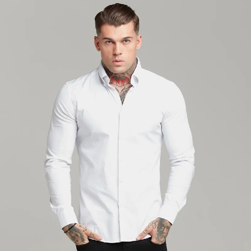Shop and Save Father Sons Classic White Regular Stretch Shirt with Button Down Collar and White Embroidery - FS589