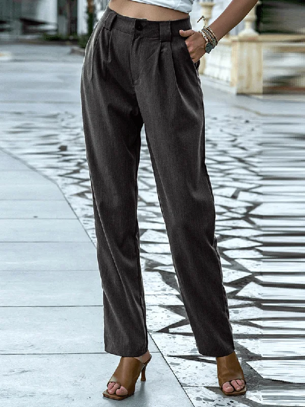 Weekend Deals to Brighten Your Day Women Solid Color Pleats Zipper Fly Casual Pants