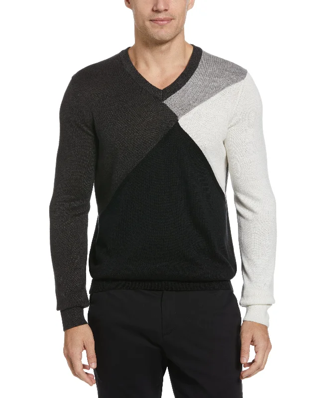 Markdown Sale Color Block V-Neck Sweater