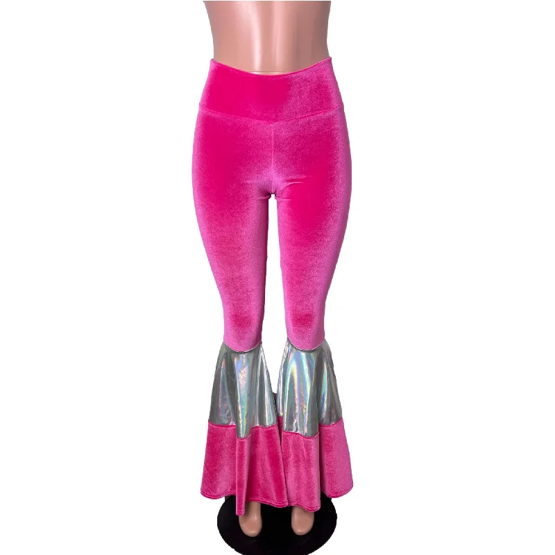 While Supplies Last Tiered Bell Bottom Flares - Neon Hot Pink Velvet w/ Opal Holographic