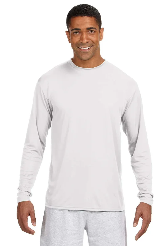 Sale Event A4 Mens Performance Moisture Wicking Long Sleeve Crewneck T-Shirt - White Sale Event A4 Mens Performance Moisture Wicking Long Sleeve Crewneck T-Shirt - White