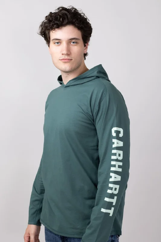 Super Sale Carhartt Force Relaxed Fit Midweight Long Sleeve Logo Hooded T-Shirt for Men in Frosted Balsam | 106654-GH6-BALSAM Super Sale Carhartt Force Relaxed Fit Midweight Long Sleeve Logo Hooded T-Shirt for Men in Frosted Balsam | 106654-GH6-BALSAM