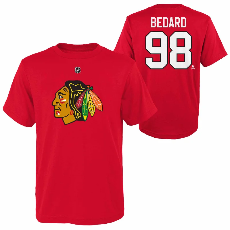 Time-Sensitive Chicago Blackhawks Connor Bedard Youth Name and Number T-Shirt