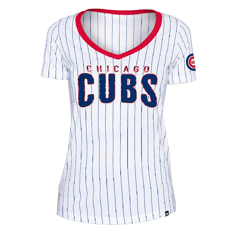 Special Savings Chicago Cubs Women's Bullseye Pinstripe V-Neck T-Shirt