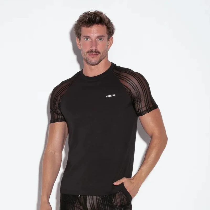 Mega Discount Code 22 mesh sheer stripe t-shirt 9631 black