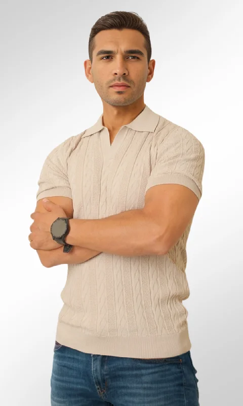 Deep Discounts Men Knitted Triko T-Shirt (Beige)