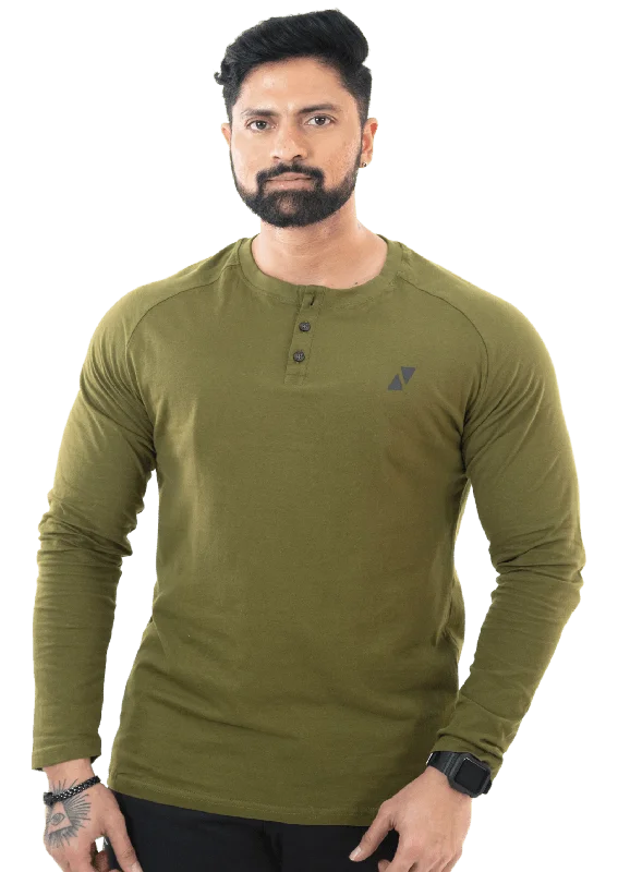 New Markdowns Olive Green Full Sleeves Henley Tee