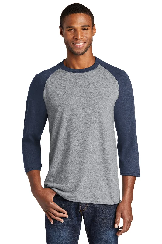 Shop and Save Port & Company Mens Core Moisture Wicking 3/4 Sleeve Crewneck T-Shirt - Heather Grey/Navy Blue