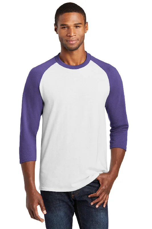 Lowest Price Port & Company Mens Core Moisture Wicking 3/4 Sleeve Crewneck T-Shirt - White/Purple