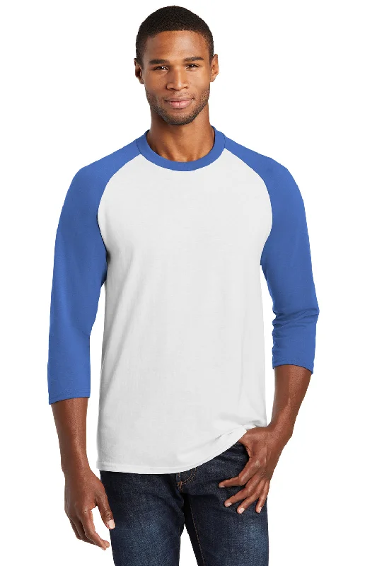 Low Price Port & Company Mens Core Moisture Wicking 3/4 Sleeve Crewneck T-Shirt - White/Royal Blue