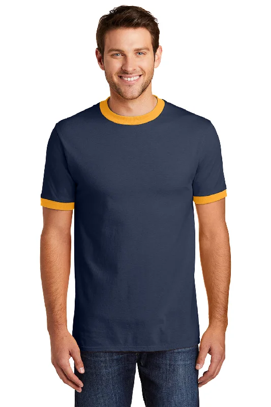 Blowout Deals Port & Company Mens Core Ringer Short Sleeve Crewneck T-Shirt - Navy Blue/Gold