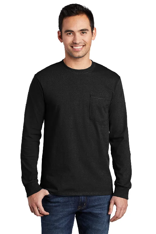 Weekend Special Port & Company Mens Essential Long Sleeve Crewneck T-Shirt w/ Pocket - Jet Black